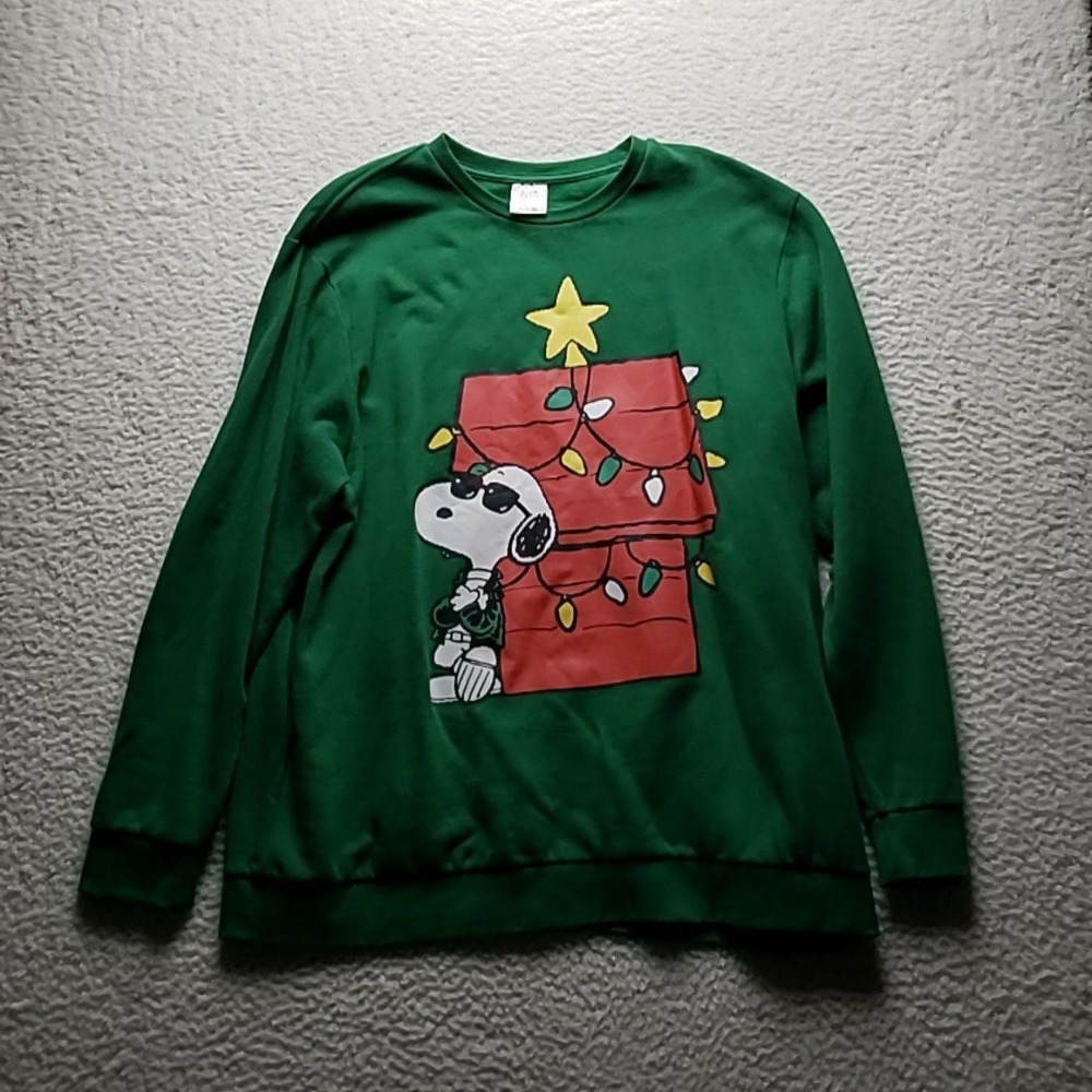 Peanuts Sweatshirt Mens XL Green Fleece Crewneck Snoopy Xmas Graphic Pullover